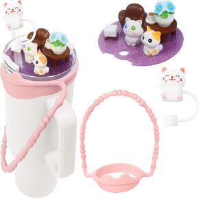 Stanley Cup Accessories,Set of Animal Cup Cover,Animal Straw Cover and Cup Lanyard,Suitable for 30oz and 40oz Stanley Cups (Cat,40oz)