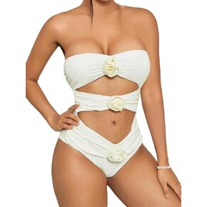 WDIRARA Women's Floral Appliques Swimwear Cut Out Front Ruched Ruffle Strapless Sleeveless One Piece Swimsuit