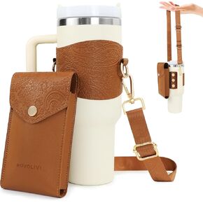Premium Leather Stanley Cup Holder with Detachable Phone Pouch & Adjustable Strap, Water Bottle Carrier Bag & Case Compatible with Stanley Simple Modern 40 oz Tumbler with Handle (Grey)