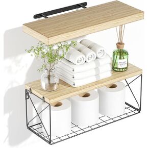 Bathroom Shelves with Wire Storage Basket, Floating Shelves for Wall Decor Storage, Wood Wall Shelves for Bathroom, Living Room, Kitchen and Bedroom (Black)