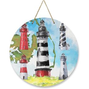 Welcome Sign Front Door Summer Beach Wooden Wreath for Front Door Home Wall Decor Lighthouse Seabird Palm Leaves Round Wood Sign Hanging for Farmhouse Porch Door Decoration