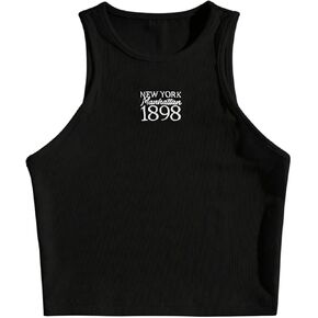 WDIRARA Women's Letter Embroidery Tank Top Graphic Vest Round Neck Sleeveless Rib Knit Crop Tops Shirts