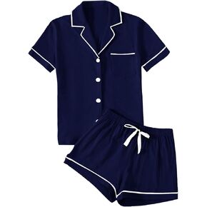 Remidoo Womens Short Sleeve Pajamas Button Down Shirt with Shorts Set 2 Piece Sleepwear