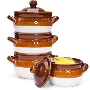 French Onion Soup Bowls with Lids and Handles, 16 oz Ceramic Soup Crocks for Chilli, Cereal, Cereal, Pot Pies - French Onion Soup Crocks, Oven, Broil & Dishwasher Safe, Set of 4