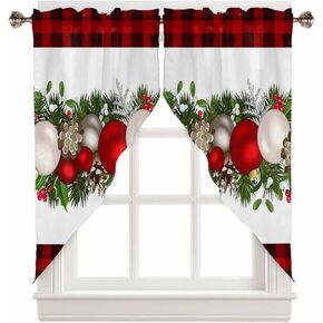 Christmas Curtains Swag Valance Xmas Red Balls Red Buffalo Plaid Rod Pocket Kitchen Curtains Winter Holiday Window Treatment Valances Swag Curtains for Christmas Decorations, 1 Pair, 28"W x 36"L