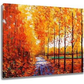 LB Fall Pumpkin Wall Art, Autumn Orange Pumpkin with Maple Forest Canvas Wall Art, Thanksgiving Maple Leaf Wall Art for Living Room Bedroom Bathroom Home Decor Ready to Hanging 24x16 Inch