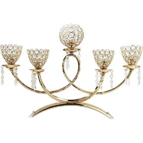 Allgala 5-Arm Bowls Sparkle Crystal Candelabra Candle Holder with Tulip Shaped Cup for Wedding, Dining, Party, Centerpiece fits tealight Votive candles-Gold-HD89008