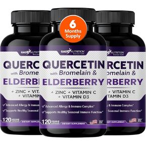Quercetin with Vitamin C and Zinc - Elderberry - Quercetin 500mg - Quercetin with Bromelain - Zinc Quercetin - Vitamin D3 - 6 in 1 Daily Immune Support, Non-GMO - Sambucus Supplement - 6 Months Supply