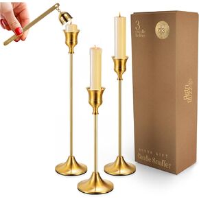 Gold Candle Holders Set of 3, Includes a Candle Snuffer, Gold Candlestick Holder Gold Candlesticks Candle Stick Candle Holder Candlestick Holders Taper Candle Holders