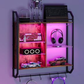 Gaming Floating Shelves Glass Holder LED Wall Mounted Shelf with Adjustable Acrylic Pipe Shelving Modern Display Storage Rack Bookshelf with 6 S-Hooks for Living Room Wine Coffee Bar Décor