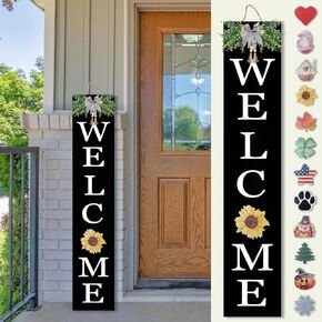 Interchangeable Welcome Sign for Front Porch Standing 47"X8" Outdoor Large Wood Frame with 12 Pcs Designed Icons Leaner Vertical Tall Outside Welcome Sign for Front Door Decor (Wood)