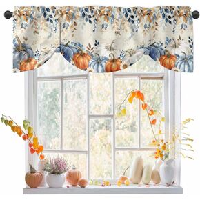 Fall Blue Pumpkins Tie Up Valance Curtains for Windows, Orange Grey Thanksgiving Kitchen Curtains Window Treatments, Maple Leaf Botanical Vintage Window Valances for Bedroom Bathroom 42"x12"