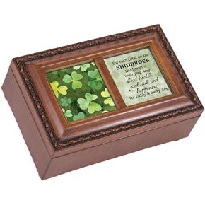 Cottage Garden Shamrock Luck Happiness Woodgrain Rope Trim Petite Music Box Plays Irish Lullaby