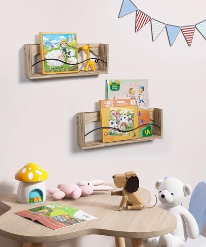 Sapowerntus Nursery Shelves for Wall, Wood Bookshelf Magazine Holder Kids Baby Room Shelf Organizer Nursery Decor, Rustic Vinyl Record Rack with Curve Rail Wave Design, Set of 2 in Kuwait
