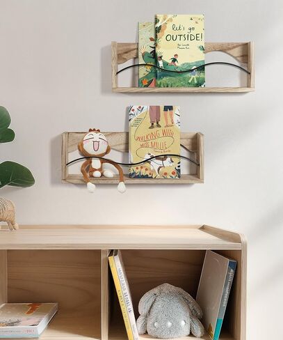 Sapowerntus Nursery Shelves for Wall, Wood Bookshelf Magazine Holder Kids Baby Room Shelf Organizer Nursery Decor, Rustic Vinyl Record Rack with Curve Rail Wave Design, Set of 2 in Kuwait