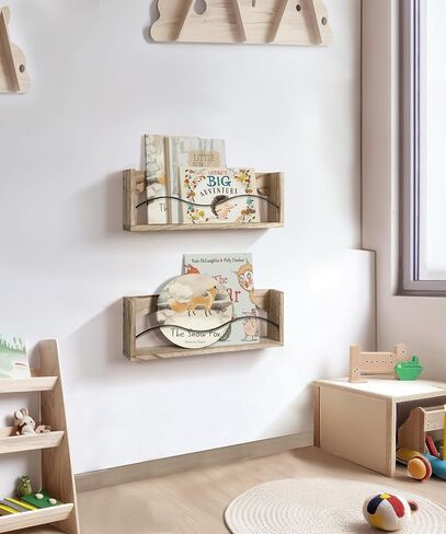 Sapowerntus Nursery Shelves for Wall, Wood Bookshelf Magazine Holder Kids Baby Room Shelf Organizer Nursery Decor, Rustic Vinyl Record Rack with Curve Rail Wave Design, Set of 2 in Kuwait