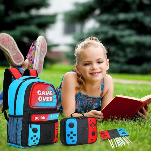 4PCS Super Bros Backpack Lunchbag Set - 17inch Kids Mari-o Game Schoolbag Lunch bag Stationery bag Set Cartoon Shoulder Backpack Birthday Back to School Gift for Boys and Girls in Saudi Arabia
