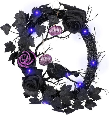 تضيء إكليل الهالوين الغراب الأسود - 16 بوصة بريق وردة داكنة زهرة أكاليل العنب أكاليل الرعب لتزيين المنزل وحفلات الهالوين ونافذة الجدار وديكور داخلي وخارجي in Kuwait