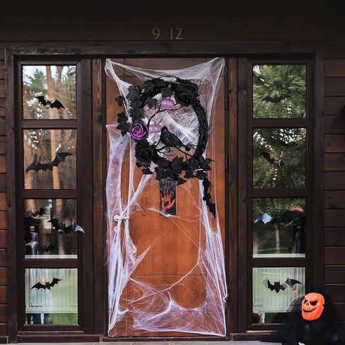 تضيء إكليل الهالوين الغراب الأسود - 16 بوصة بريق وردة داكنة زهرة أكاليل العنب أكاليل الرعب لتزيين المنزل وحفلات الهالوين ونافذة الجدار وديكور داخلي وخارجي in Kuwait