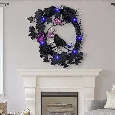 تضيء إكليل الهالوين الغراب الأسود - 16 بوصة بريق وردة داكنة زهرة أكاليل العنب أكاليل الرعب لتزيين المنزل وحفلات الهالوين ونافذة الجدار وديكور داخلي وخارجي in Kuwait