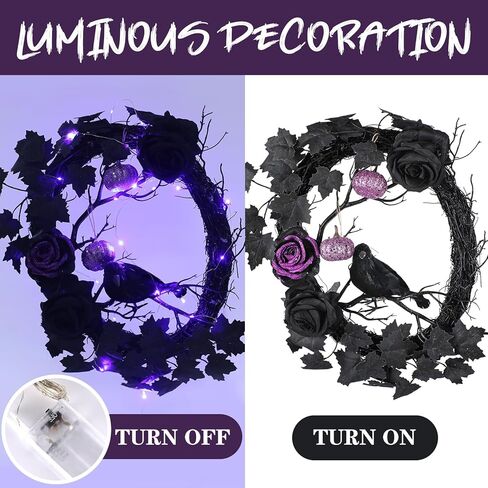 تضيء إكليل الهالوين الغراب الأسود - 16 بوصة بريق وردة داكنة زهرة أكاليل العنب أكاليل الرعب لتزيين المنزل وحفلات الهالوين ونافذة الجدار وديكور داخلي وخارجي in Kuwait