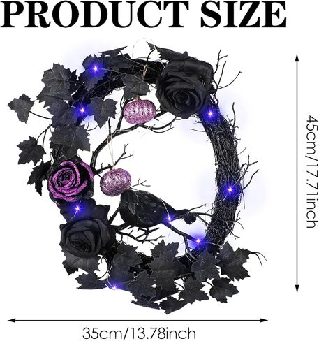 تضيء إكليل الهالوين الغراب الأسود - 16 بوصة بريق وردة داكنة زهرة أكاليل العنب أكاليل الرعب لتزيين المنزل وحفلات الهالوين ونافذة الجدار وديكور داخلي وخارجي in Kuwait
