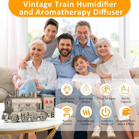 300ML Vintage Train Humidifier and Aromatherapy Diffuser, 7 Colorful LED Light Show, Dual Mist Modes, Effortlessly Controlled by Remote for Your Living Room, Bedroom, Office, Entertainment Area in Saudi Arabia