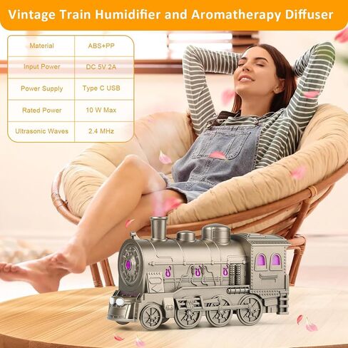 300ML Vintage Train Humidifier and Aromatherapy Diffuser, 7 Colorful LED Light Show, Dual Mist Modes, Effortlessly Controlled by Remote for Your Living Room, Bedroom, Office, Entertainment Area in Saudi Arabia
