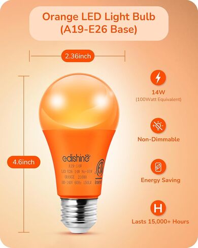 EDISHINE Halloween Orange LED Light Bulbs, 14W Orange Bulb Equivalent 100W Colored Light Bulb, E26 Base A19 Light Bulbs for Halloween Decoration, Holiday Lighting, Porch Patio, 4 Pack in Saudi Arabia