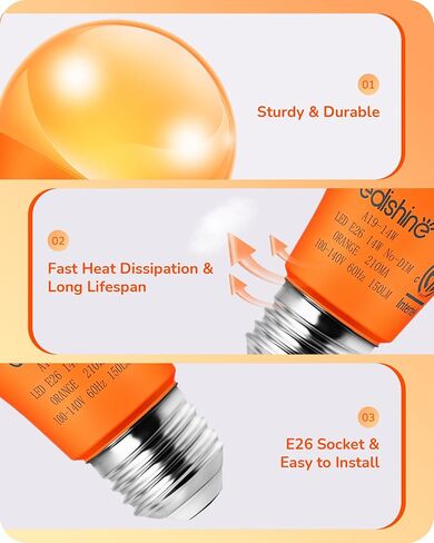 EDISHINE Halloween Orange LED Light Bulbs, 14W Orange Bulb Equivalent 100W Colored Light Bulb, E26 Base A19 Light Bulbs for Halloween Decoration, Holiday Lighting, Porch Patio, 4 Pack in Saudi Arabia