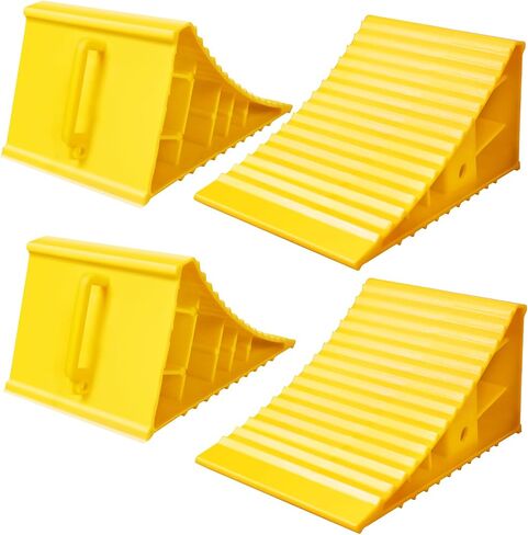 4Pack Wheel Chocks for RV Trailer Non Slip Heavy Duty Yellow Camper Wheel Chocks with Handle for Easy Removal Polypropylene Wheel Stoppers for Cars Campers Trucks Rvs in Saudi Arabia