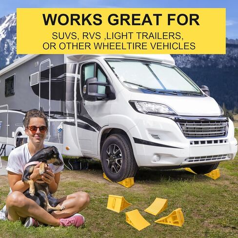 4Pack Wheel Chocks for RV Trailer Non Slip Heavy Duty Yellow Camper Wheel Chocks with Handle for Easy Removal Polypropylene Wheel Stoppers for Cars Campers Trucks Rvs in Saudi Arabia