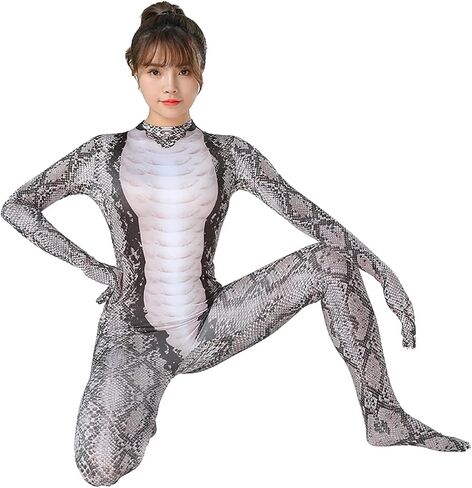 GREUS Halloween Python Cosplay One-piece Tights Snake Print Woman Costume Bodysuits Animal Outfit Snake Dress up Suits in Kuwait