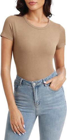 تي شيرت حريمي من Urban CoCo بأكمام قصيرة ورقبة مستديرة وأكمام قصيرة مناسب للصيف كاجوال ومضلع أساسي in Kuwait