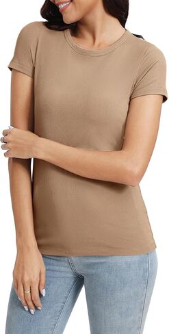 تي شيرت حريمي من Urban CoCo بأكمام قصيرة ورقبة مستديرة وأكمام قصيرة مناسب للصيف كاجوال ومضلع أساسي in Kuwait