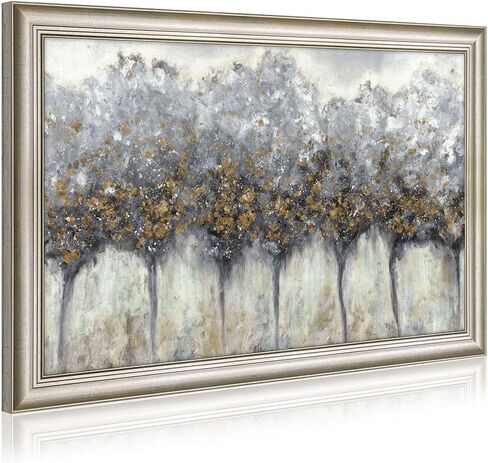 Abstract Gray Tree Wall Art: Framed Silver Textured Forest Artwork Gold Leaves Trees Prints for Living Room in Saudi Arabia