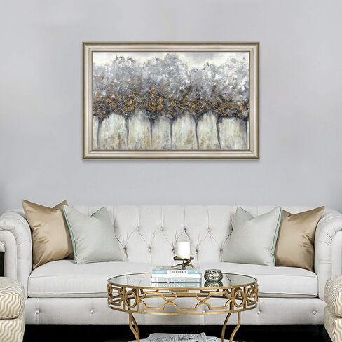 Abstract Gray Tree Wall Art: Framed Silver Textured Forest Artwork Gold Leaves Trees Prints for Living Room in Saudi Arabia