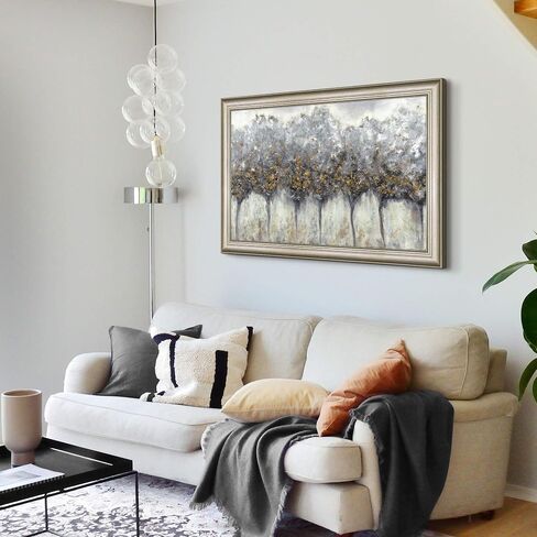 Abstract Gray Tree Wall Art: Framed Silver Textured Forest Artwork Gold Leaves Trees Prints for Living Room in Saudi Arabia