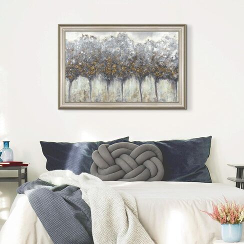 Abstract Gray Tree Wall Art: Framed Silver Textured Forest Artwork Gold Leaves Trees Prints for Living Room in Saudi Arabia