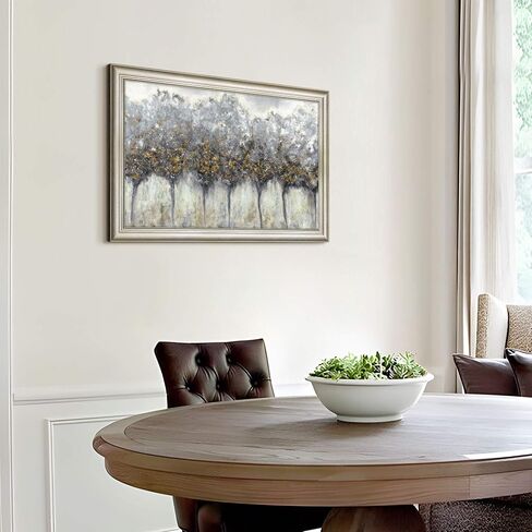 Abstract Gray Tree Wall Art: Framed Silver Textured Forest Artwork Gold Leaves Trees Prints for Living Room in Saudi Arabia
