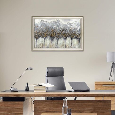Abstract Gray Tree Wall Art: Framed Silver Textured Forest Artwork Gold Leaves Trees Prints for Living Room in Saudi Arabia