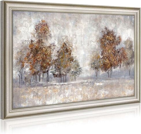 Abstract Gray Tree Wall Art: Framed Silver Textured Forest Artwork Gold Leaves Trees Prints for Living Room in Saudi Arabia