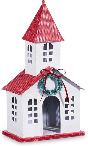 Orchid & Ivy 16.75-Inch Tall Rustic White Metal Church w/Red Roof & Wreath Christmas Candle Holder Decoration – Decorative Christian Farmhouse Holiday House Shaped Tabletop Lantern Xmas Home Decor in Saudi Arabia