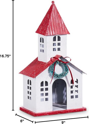 Orchid & Ivy 16.75-Inch Tall Rustic White Metal Church w/Red Roof & Wreath Christmas Candle Holder Decoration – Decorative Christian Farmhouse Holiday House Shaped Tabletop Lantern Xmas Home Decor in Saudi Arabia