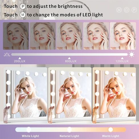 Vanity Mirror with Lights, Hollywood Lighted Makeup Mirror with 15 Dimmable Led Bulbs, 3 Color Lighting Modes, USB Charging Port Touch Control 10x Magnification 22.2 × 17.3 inch in Saudi Arabia
