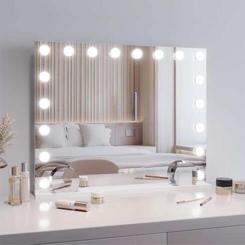 Vanity Mirror with Lights, Hollywood Lighted Makeup Mirror with 15 Dimmable Led Bulbs, 3 Color Lighting Modes, USB Charging Port Touch Control 10x Magnification 22.2 × 17.3 inch in Saudi Arabia