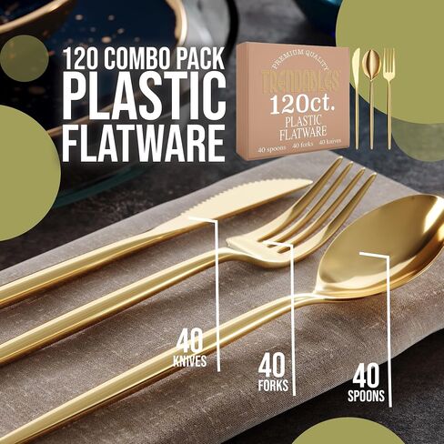 Gold Plastic Forks and Spoons 120 Pack Disposable Silverware Set - Plastic Cutlery Set Includes 3 x 40 - Forks Silverware - Plastic Spoons - Plastic Knives - Plastic Utensils Set by Trendables in Saudi Arabia