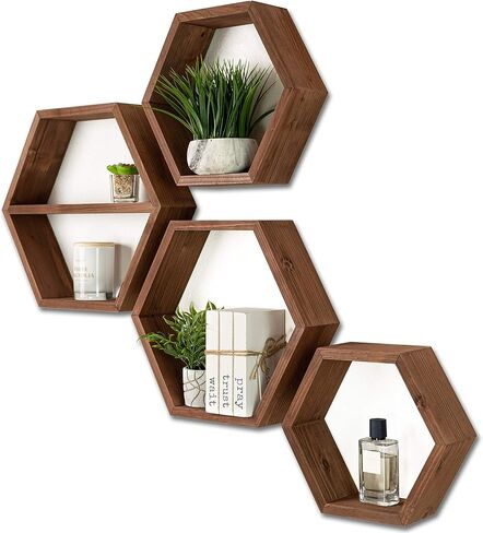 Extra Large Hexagon Floating Shelves - Set of 4 - Honeycomb Shelves Octagon Shelves Wall Hanging Shelves Honeycomb Decor - Wooden Honey Comb Hexagon Shelf for Wall - Geometric Hexagonal Natural Wood in Saudi Arabia