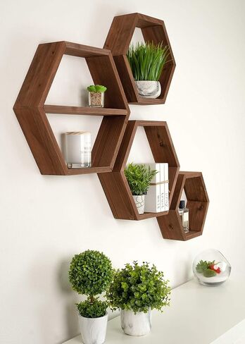 Extra Large Hexagon Floating Shelves - Set of 4 - Honeycomb Shelves Octagon Shelves Wall Hanging Shelves Honeycomb Decor - Wooden Honey Comb Hexagon Shelf for Wall - Geometric Hexagonal Natural Wood in Saudi Arabia