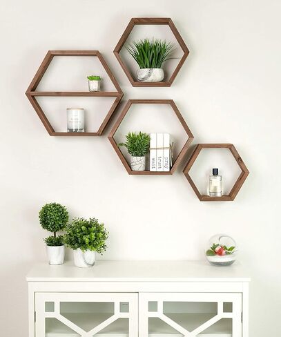 Extra Large Hexagon Floating Shelves - Set of 4 - Honeycomb Shelves Octagon Shelves Wall Hanging Shelves Honeycomb Decor - Wooden Honey Comb Hexagon Shelf for Wall - Geometric Hexagonal Natural Wood in Saudi Arabia